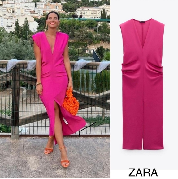 Zara fuchsia pink midi slit dress size S - Picture 3 of 16